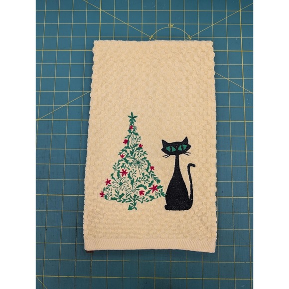 Retro Vintage Christmas Atomic Cat Mid Century Modern Kitchen Tea Towel Yellow - Picture 4 of 7